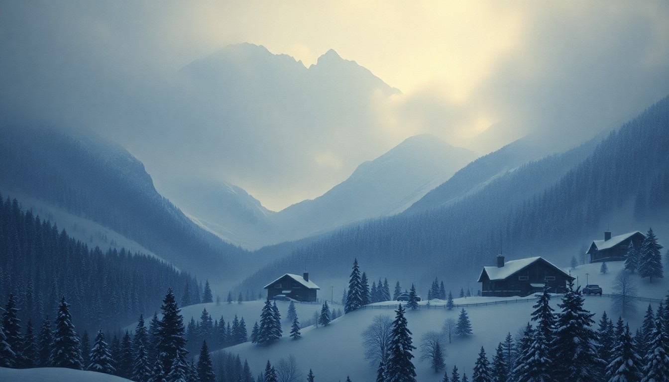 A sweeping, atmospheric landscape painting depicting a snow-covered mountain range with a ski resort nestled in the valley below, obscured by heavy, swirling snowfall that dominates the scene.