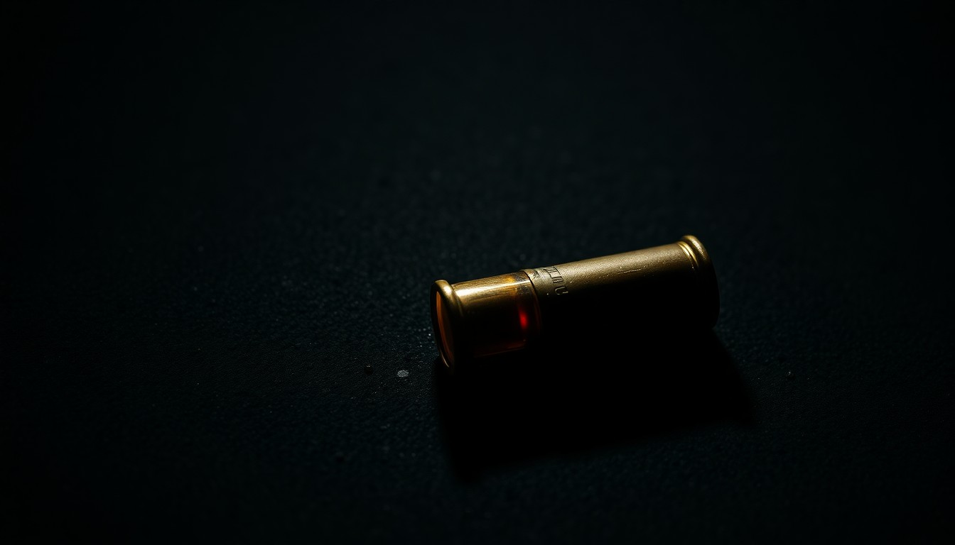 An extreme close-up photograph of a single spent shell casing on a dark concrete surface, conceptually illustrating the tense and dangerous nature of the police standoff.