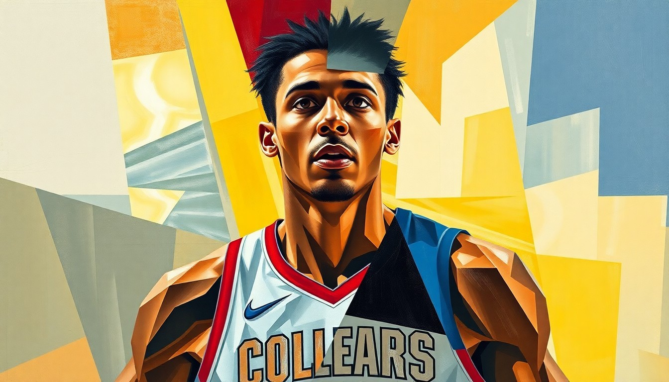 A fragmented, geometric painting depicting the abstract journey of a college basketball player, with sharp planes of color and form representing the twists and turns of their career.