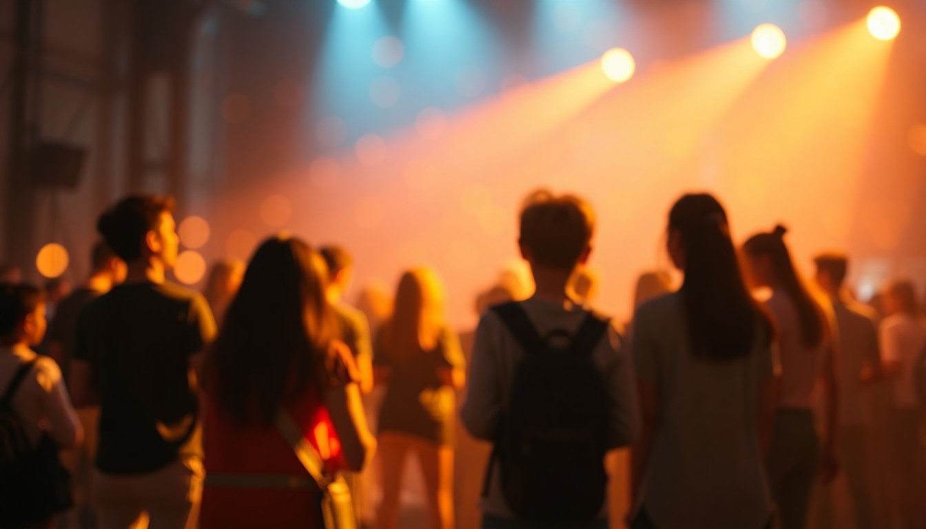 An abstract, impressionistic scene of performers on a stage, with soft, blurred pools of warm light and color creating a dreamlike, celebratory atmosphere.