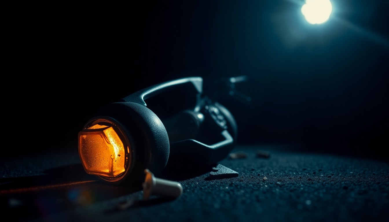An extreme close-up photograph of a cracked and scuffed minibike part, dramatically lit by a harsh camera flash against a dark background, conceptually representing the aftermath of a serious hit-and-run collision.