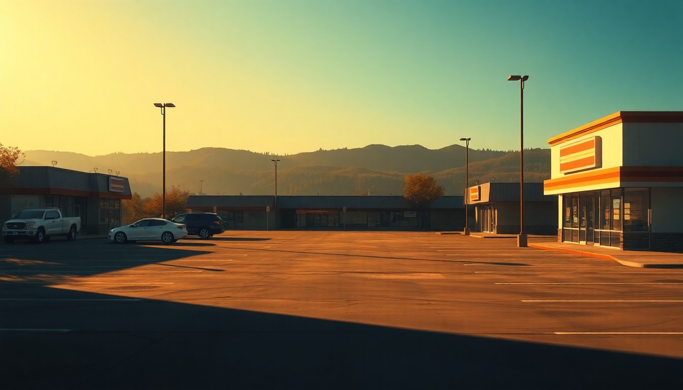 A serene, photorealistic painting of an empty suburban commercial lot with a lone tree and a small building in the background, the scene bathed in warm, diagonal sunlight and deep shadows, conceptually representing the debate over land use in a fast-growing community.