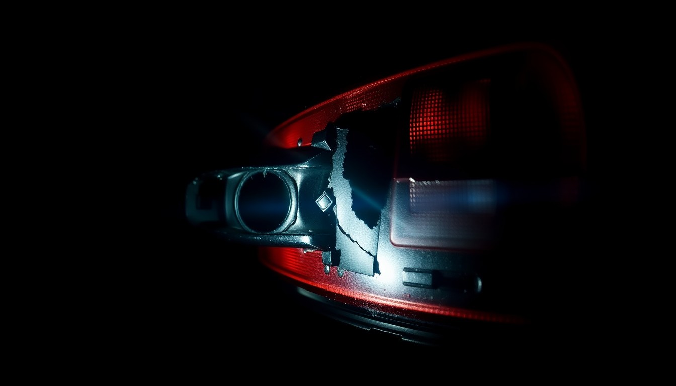 An extreme close-up photograph of a damaged car part, such as a crushed door handle or shattered taillight, lit by a harsh, direct camera flash against a pitch-black background, conceptually illustrating the aftermath of a deadly traffic collision.