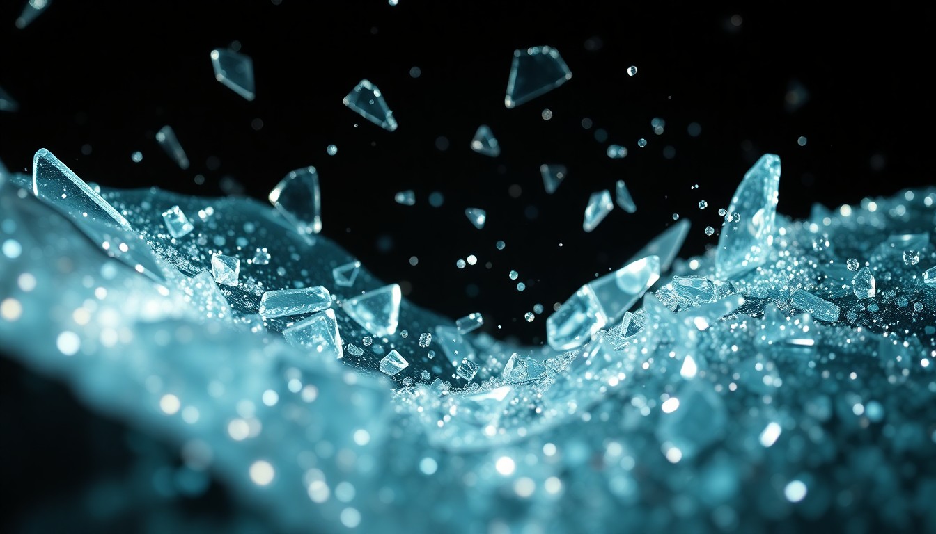 An abstract close-up photograph featuring shattered glass and glittering sequins, captured in dramatic, high-contrast studio lighting to represent the fusion of technology and artistic expression in Soderbergh's AI-assisted filmmaking.