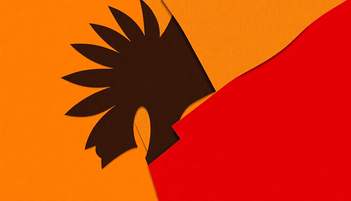 An abstract composition of jagged, interlocking geometric shapes in earthy tones, conceptually representing the intersection of Indigenous culture, sustainable fashion, and social justice.