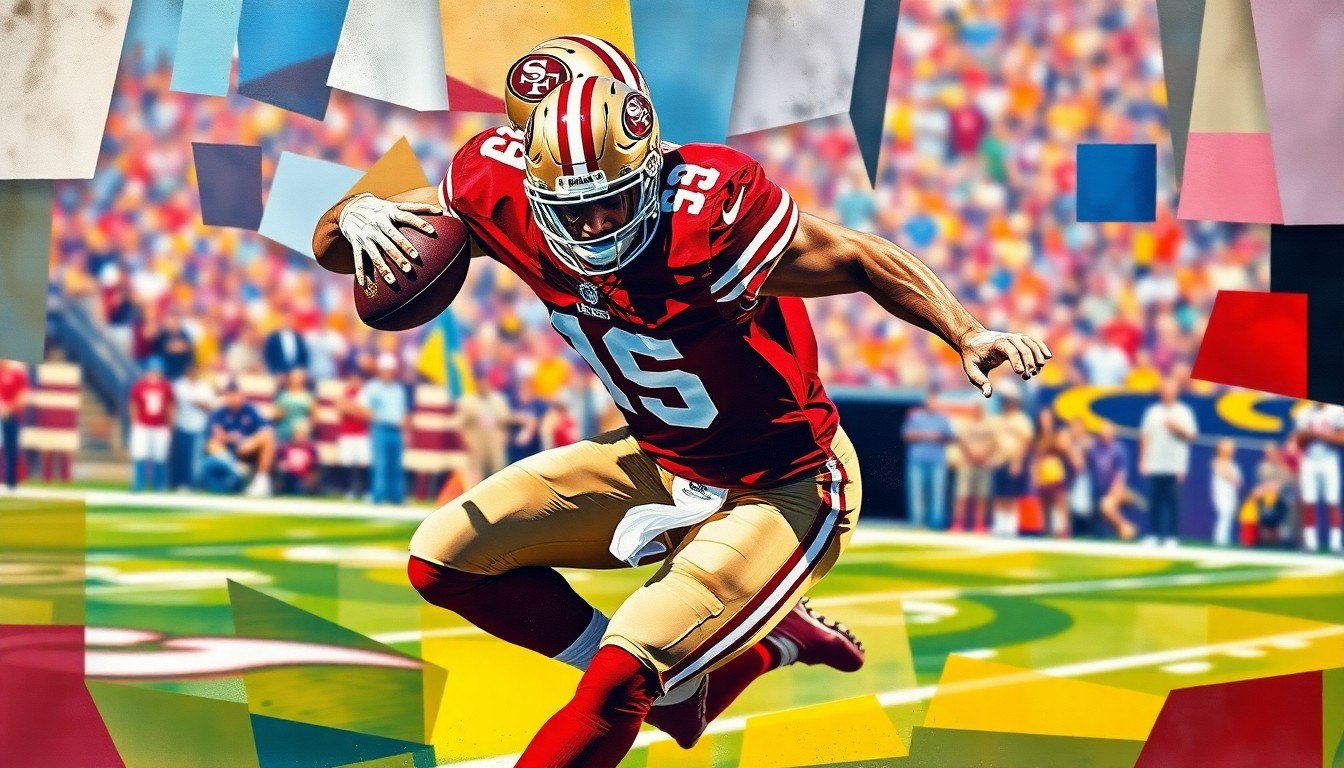 A fractured, multi-perspective painting in the style of Pablo Picasso, breaking down a cornerback making a play on the football field into sharp, overlapping geometric planes of red, gold, and navy blue.