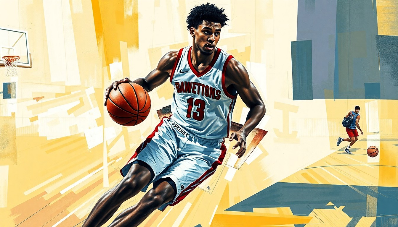 A cubist-style painting depicting the fragmented movements and presence of a college basketball player on the court, with sharp geometric planes and obscured facial features conveying the raw energy and dynamism of the sport.