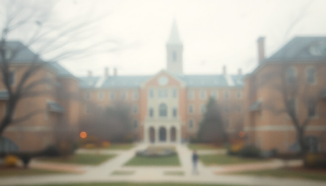 An abstract, out-of-focus image depicting a blurred, hazy scene of a university campus with muted, warm colors, conceptually representing the lack of clarity and transparency surrounding the leadership decisions at the University of Wisconsin.