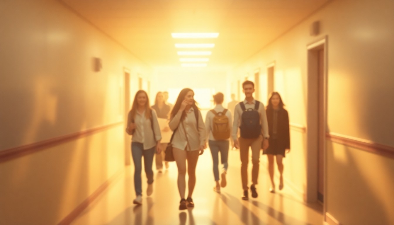 A blurred, impressionistic scene of a high school hallway, with figures moving through the frame in a hazy, dreamlike atmosphere, conveying a sense of nostalgia and reflection on a long career of dedicated service.