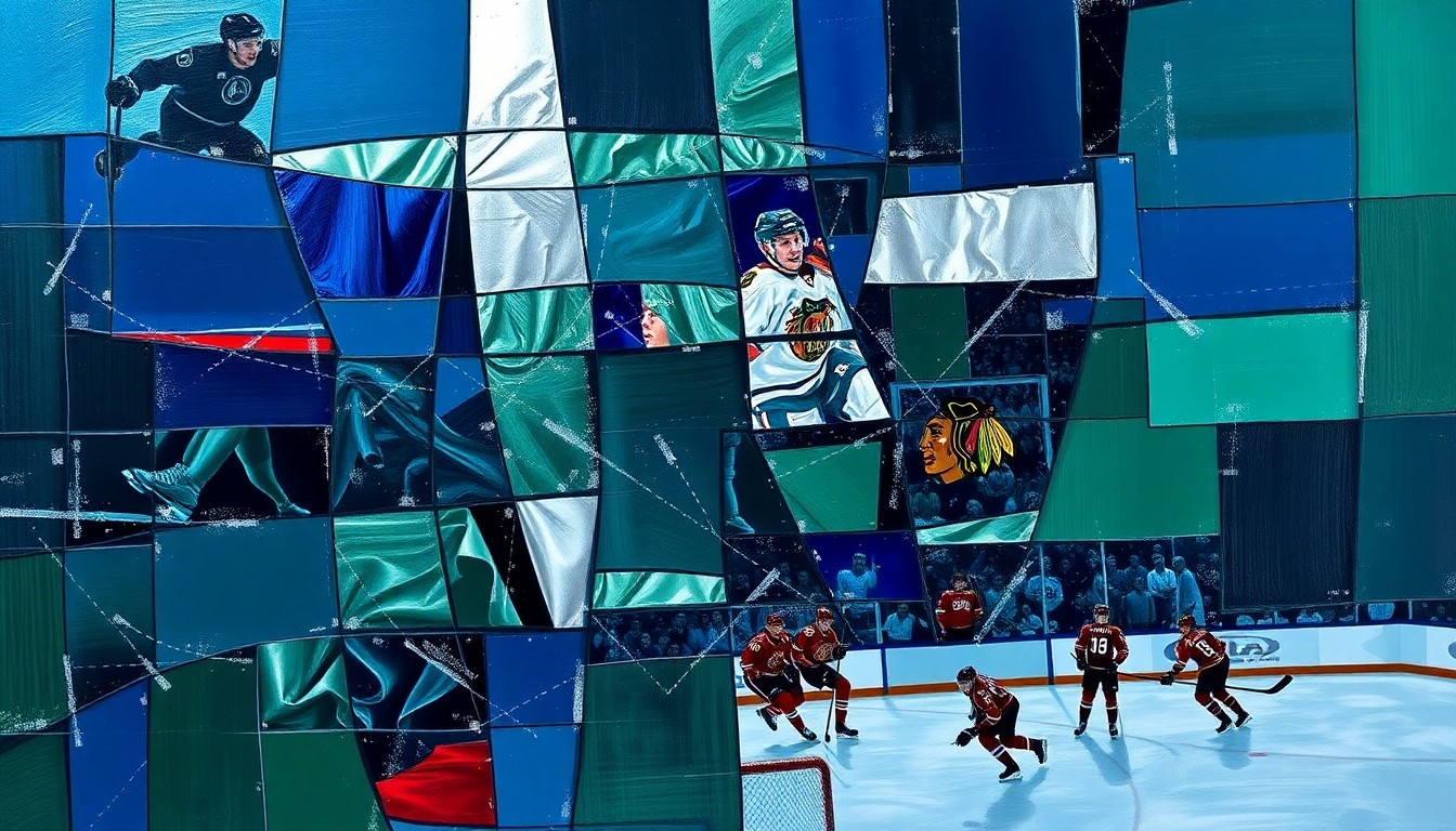 A cubist, geometric painting depicting a fragmented hockey scene with overlapping planes of navy, green, and silver, conceptually representing the Blackhawks' storied history and the induction of their inaugural Hall of Fame class.