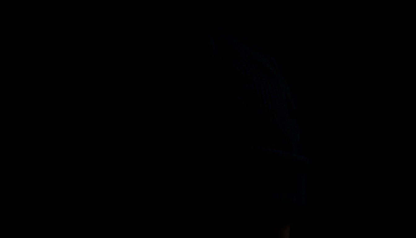 An extreme close-up photograph of a black beanie against a pitch-black background, conceptually representing the search for a missing person.
