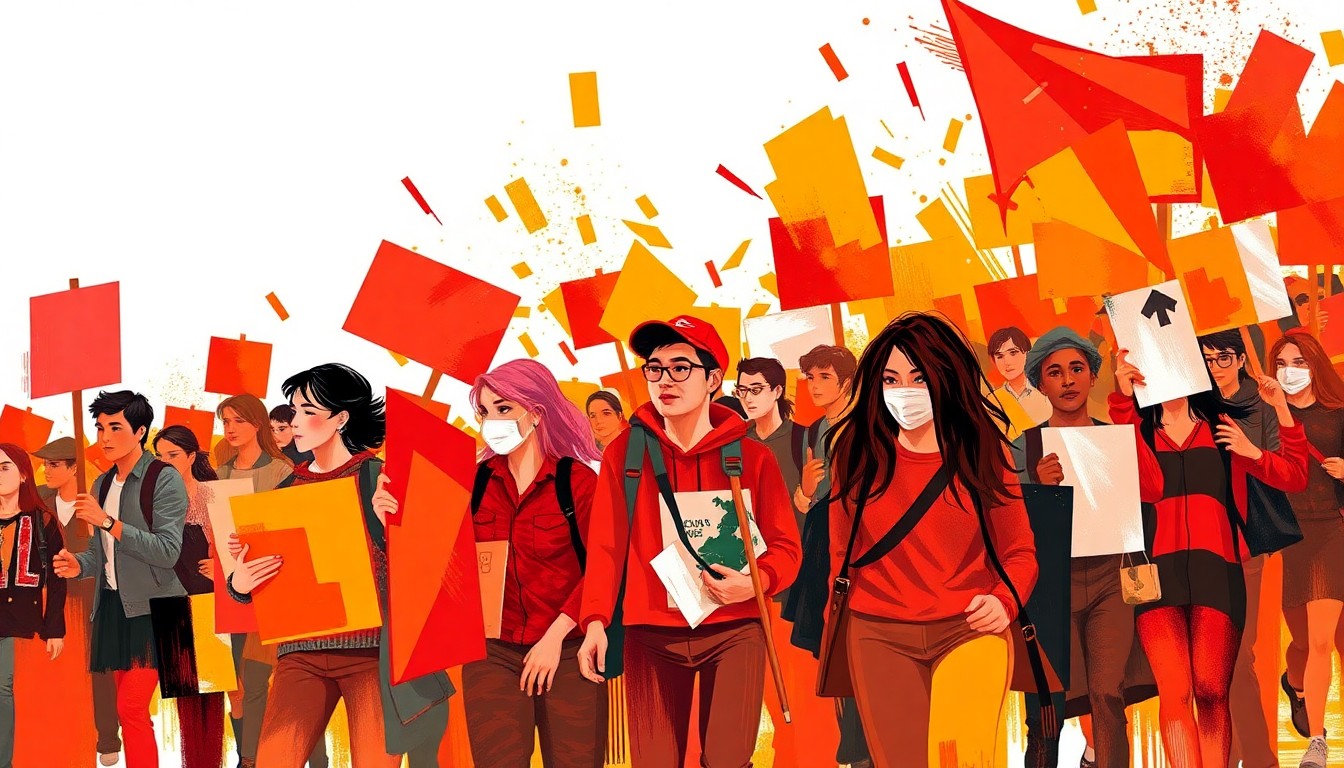 A dynamic, abstract painting of students marching and protesting, with overlapping geometric shapes and vibrant colors conveying a sense of energy and movement around the issue of student activism.