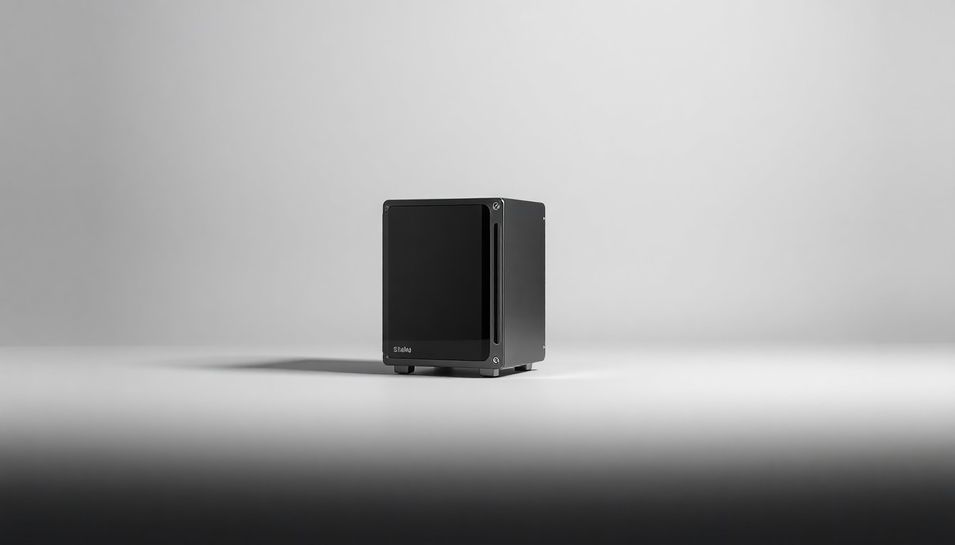 A photorealistic studio still life of a single, polished metal cryptocurrency mining rig resting on a clean, monochromatic background, conveying a sense of gravitas and importance in the wake of a significant industry loss.