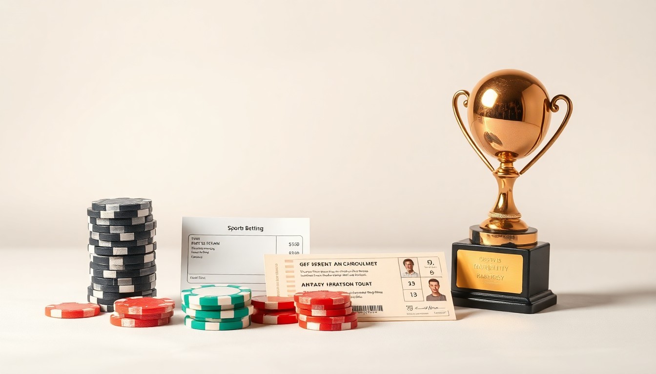 A photorealistic studio still life featuring a stack of casino chips, a sports trophy, and a sports betting ticket arranged elegantly on a clean, monochromatic background, symbolizing the abstract concepts of sports betting, fantasy sports, and gambling strategy.