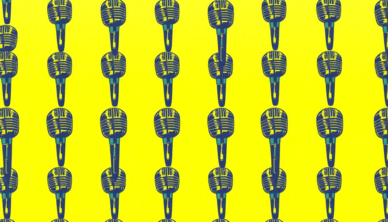 A bold, colorful silkscreen-style illustration featuring a vintage microphone icon repeated in a grid pattern, capturing the celebratory spirit and performance legacy of the Huntington Beach auditorium's centennial.