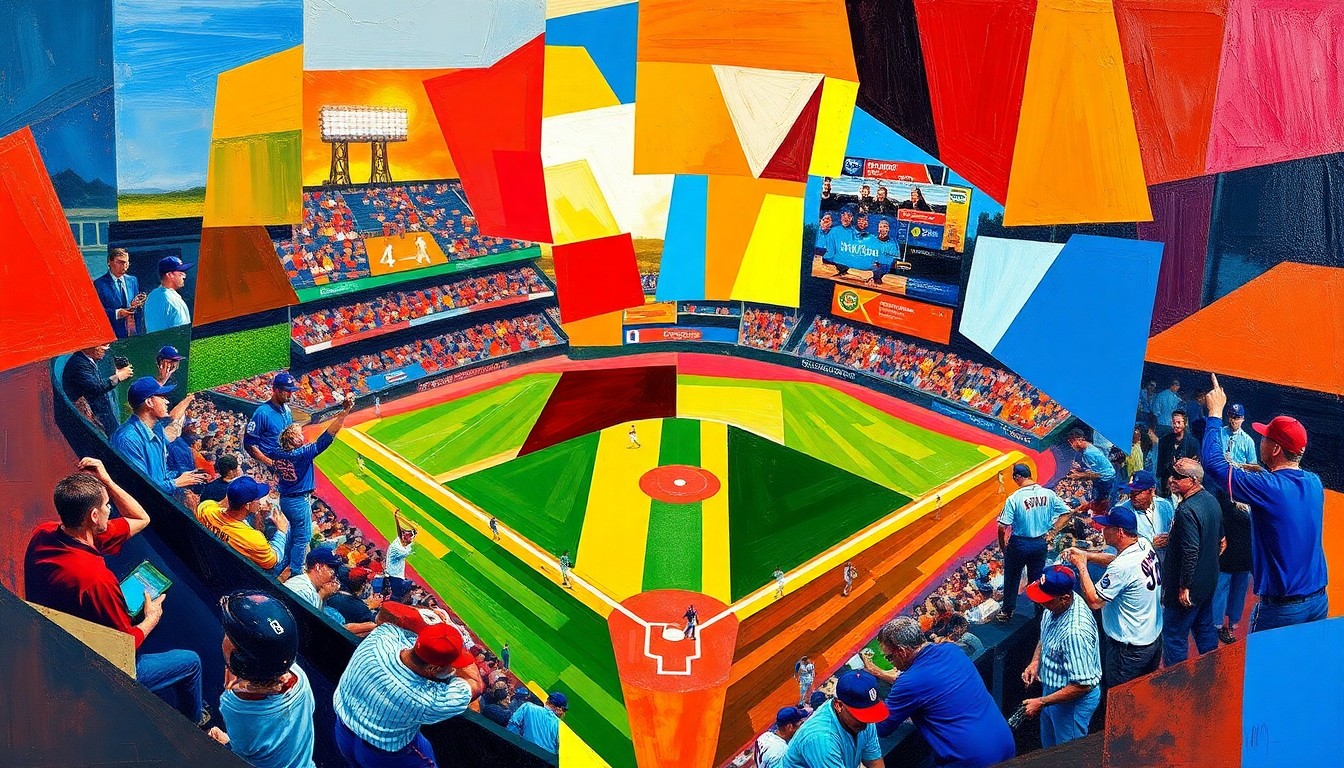 A cubist-style painting featuring fragmented, overlapping geometric shapes in a vibrant color palette, capturing the dynamic energy and intensity of a high-stakes college baseball game.