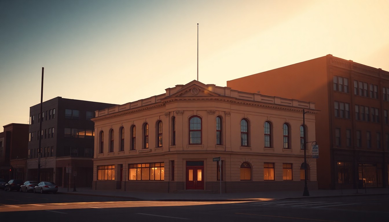 A quiet, cinematic painting of a government building in downtown Helena, Montana, with warm sunlight and deep shadows creating a sense of solitude and tension.