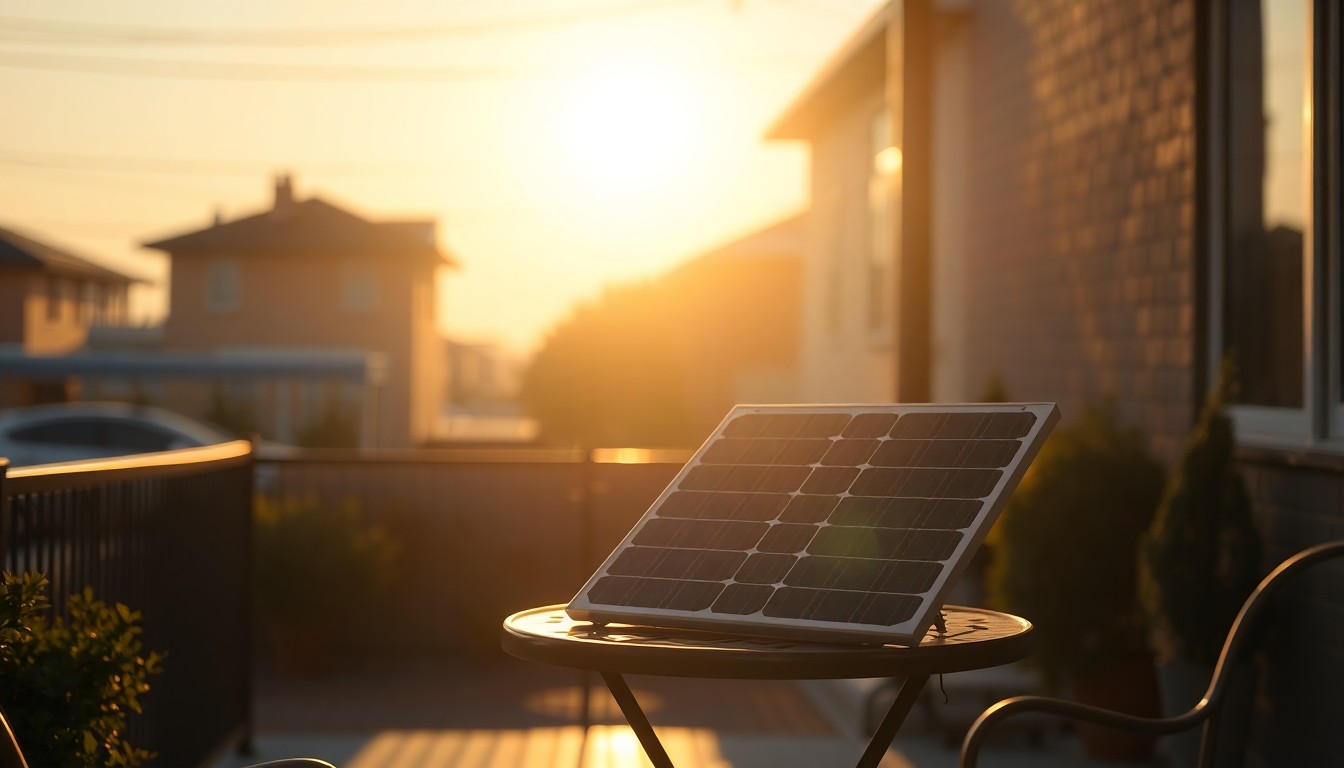 A serene, painterly scene of a small portable solar panel resting on a patio table, bathed in warm, directional sunlight and deep shadows, conceptually representing the accessibility of renewable energy for urban residents.