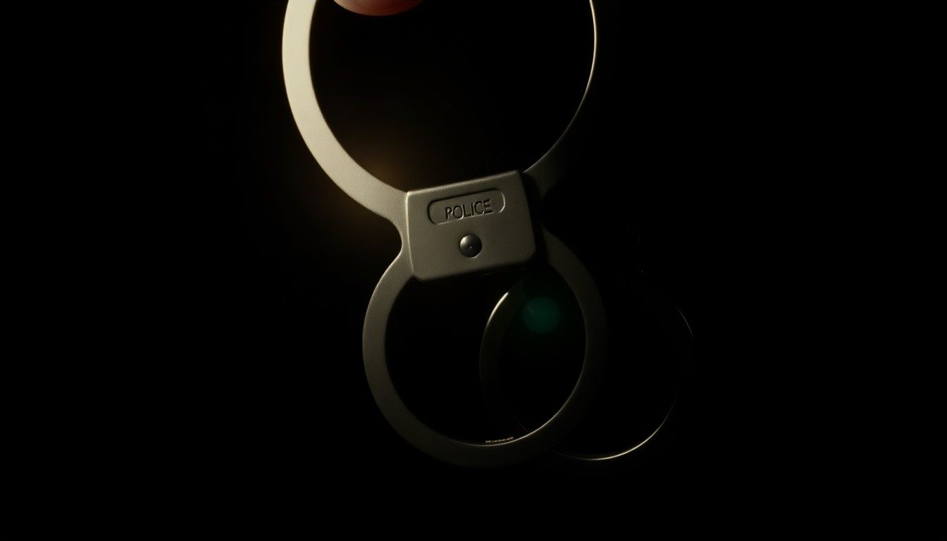 An extreme close-up of a police handcuff against a stark black background, the metal surface reflecting the harsh light of the camera flash, conceptually illustrating the need for safer arrest techniques.