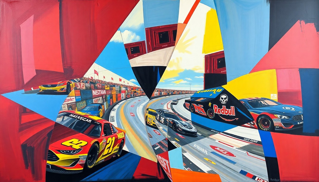 A fractured, cubist-style painting depicting a NASCAR race scene, with sharp geometric planes of color representing the dynamic action and energy of the sport.