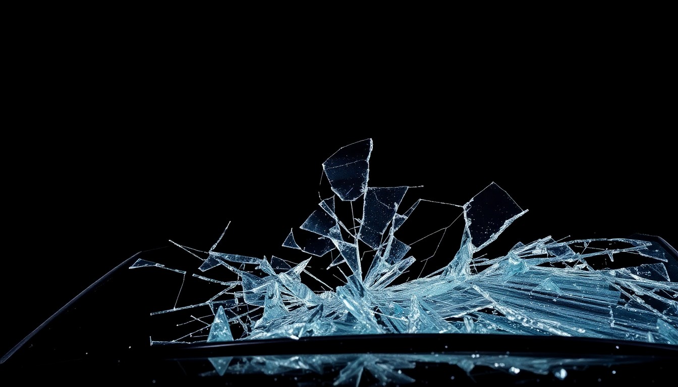 An extreme close-up photograph of a shattered car windshield, the jagged glass and twisted metal conceptually representing the violent aftermath of a high-speed crash.