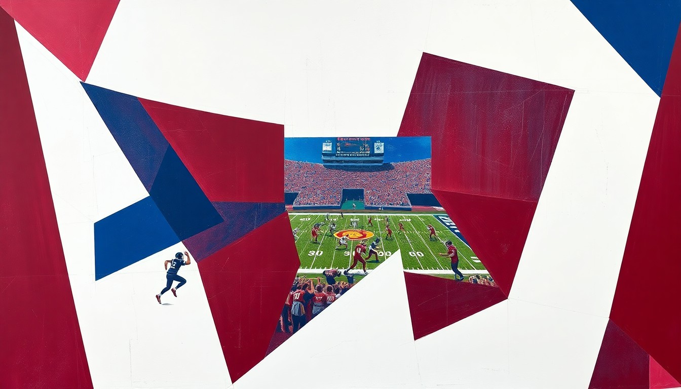 A fragmented, geometric painting depicting the overlapping movements and perspectives of a college football game, rendered in a cubist style using bold maroon, navy, and white shapes and planes.