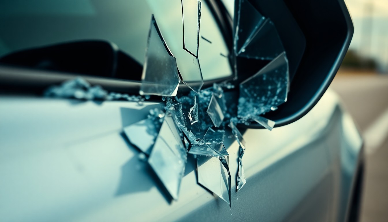 An extreme close-up photograph of a shattered car side mirror, reflecting a distorted and fragmented view of the surrounding environment, conceptually illustrating the violent incident captured on a home security camera.