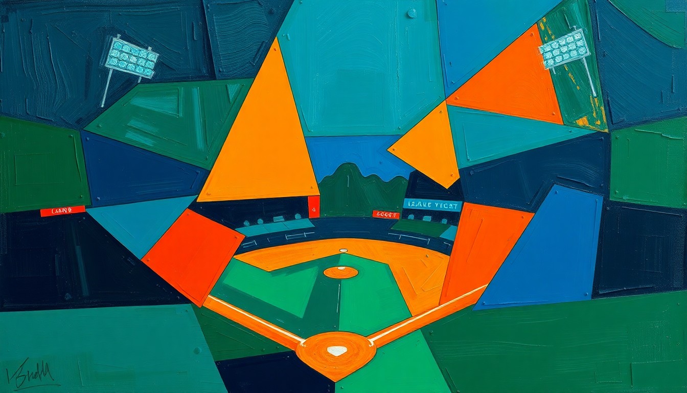 A cubist, geometric painting depicting a fragmented baseball game, with sharp, overlapping planes of navy, green, and orange, conveying the conceptual idea of a sports franchise undergoing a transformative change.