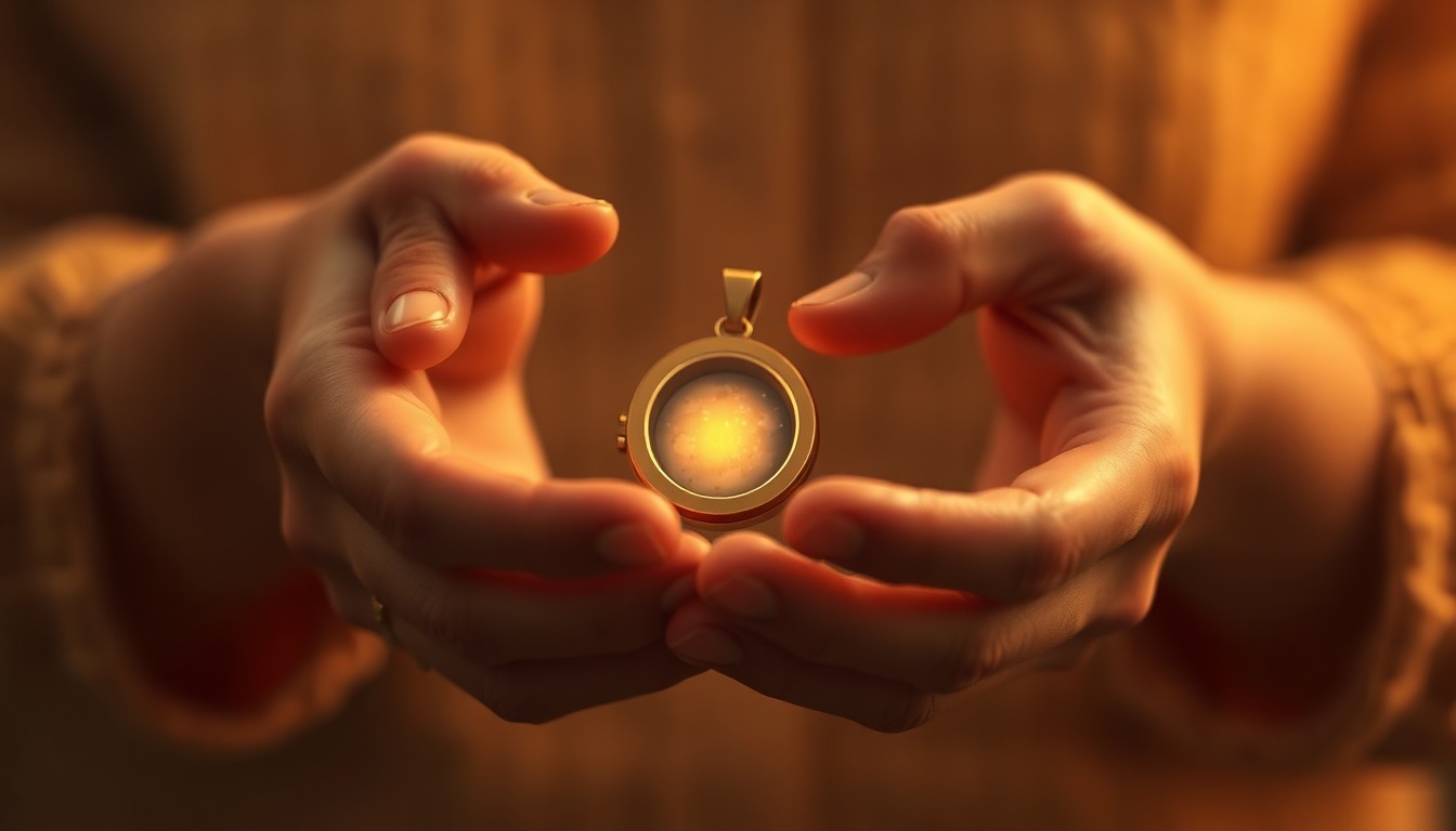 An extremely abstracted, out-of-focus photograph in soft pools of warm color and light, depicting a pair of hands holding a small, glowing object that represents the cherished memory of a loved one.
