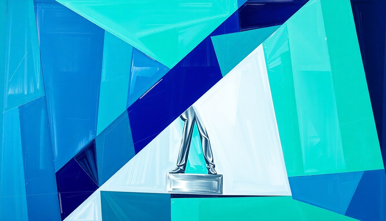 A cubist, geometric painting depicting the Ichiro statue unveiling ceremony, with sharp planes of green, blue, and silver breaking down the scene into an abstract, fragmented composition.