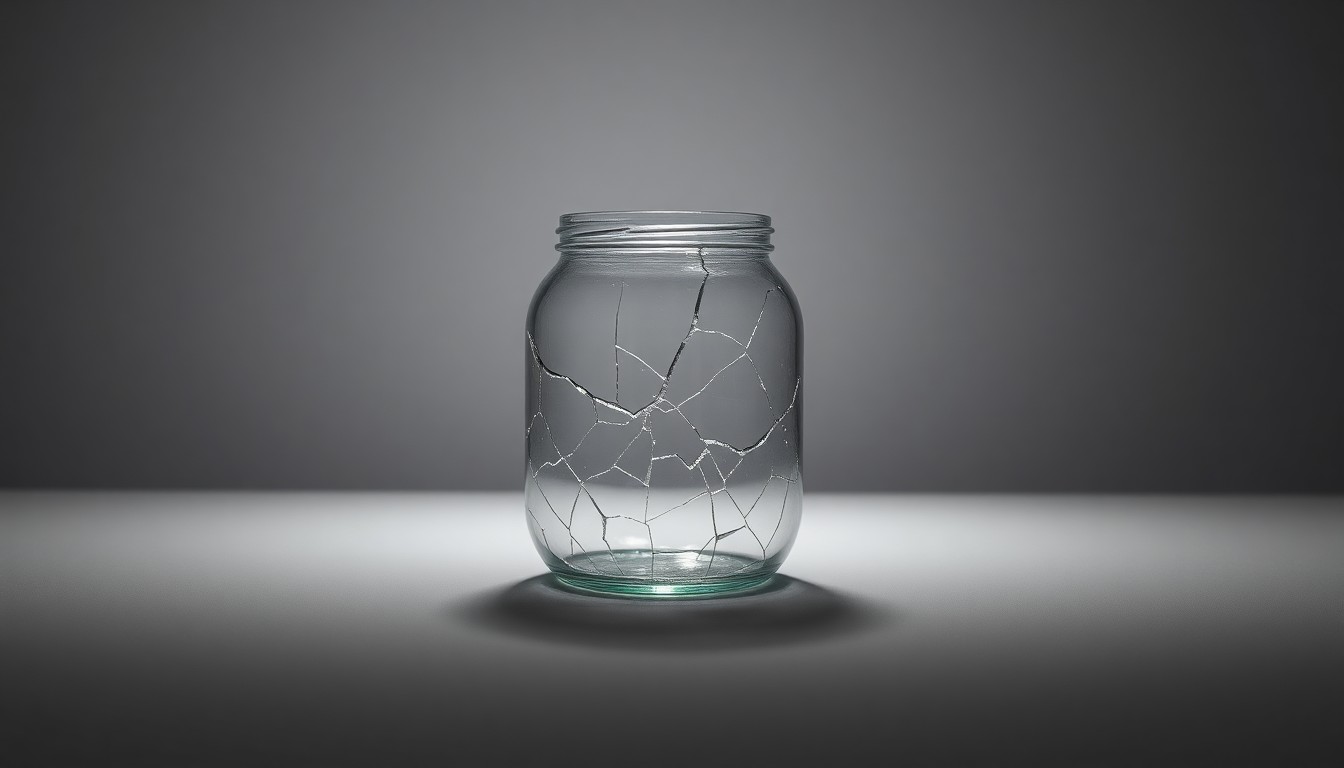 A photorealistic studio still-life image of a cracked and broken glass jar or bottle placed on a clean, monochromatic grey background, conveying a sense of corporate distress and financial turmoil through the use of dramatic lighting and shadows.