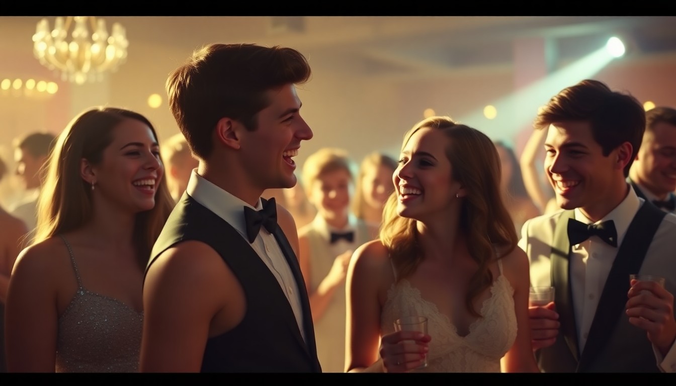 An abstract, blurred photograph in soft, warm tones showing the silhouettes of high school students dancing and celebrating at prom.