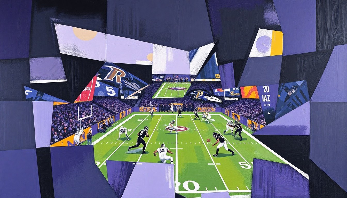 A cubist, geometric painting depicting a Ravens football game, with sharp, overlapping planes of purple and black representing the team's dynamic offense.