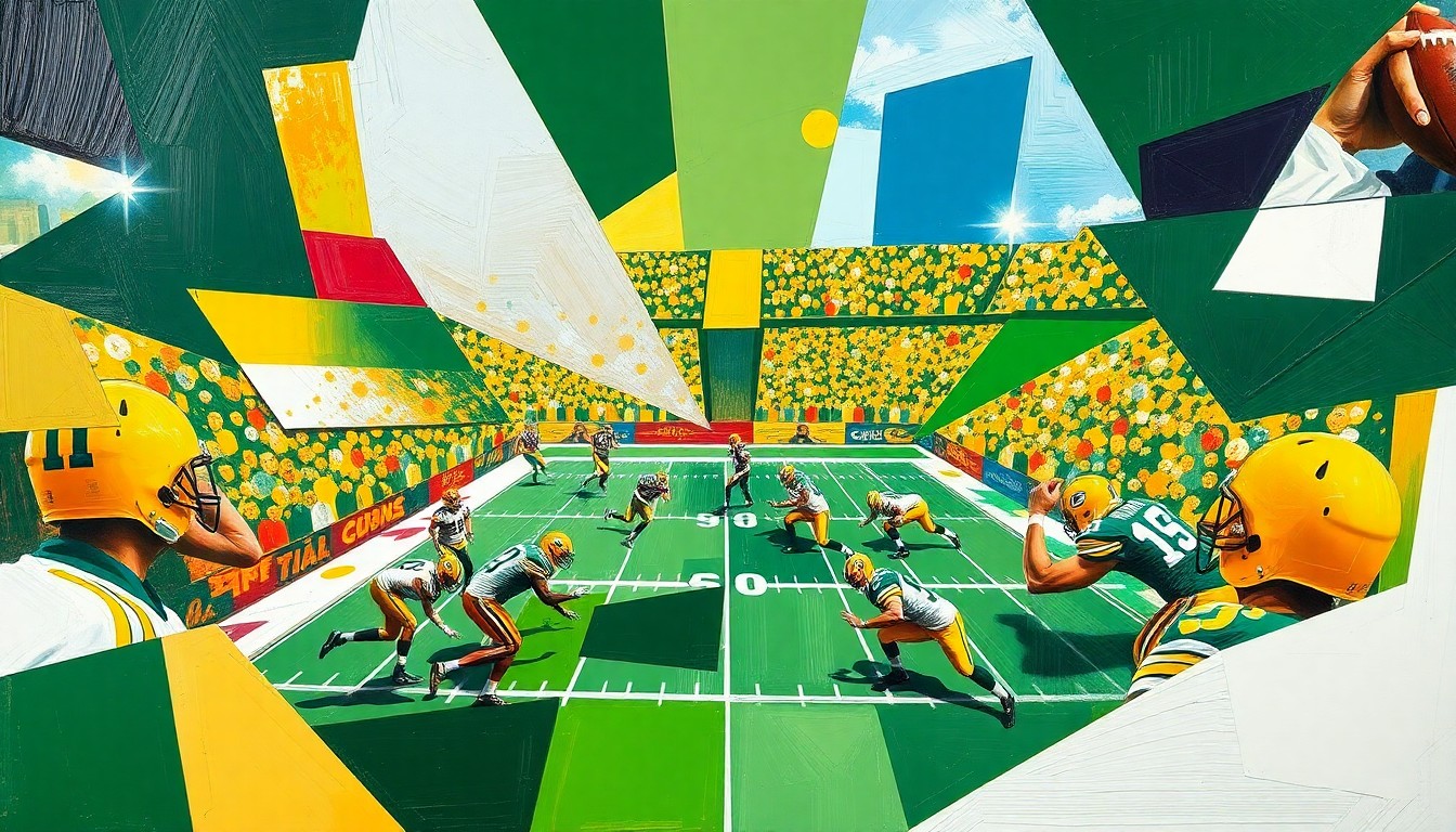 A cubist, geometric painting depicting a football game in motion, with sharp, overlapping planes of green, gold, and white colors representing the Packers team.