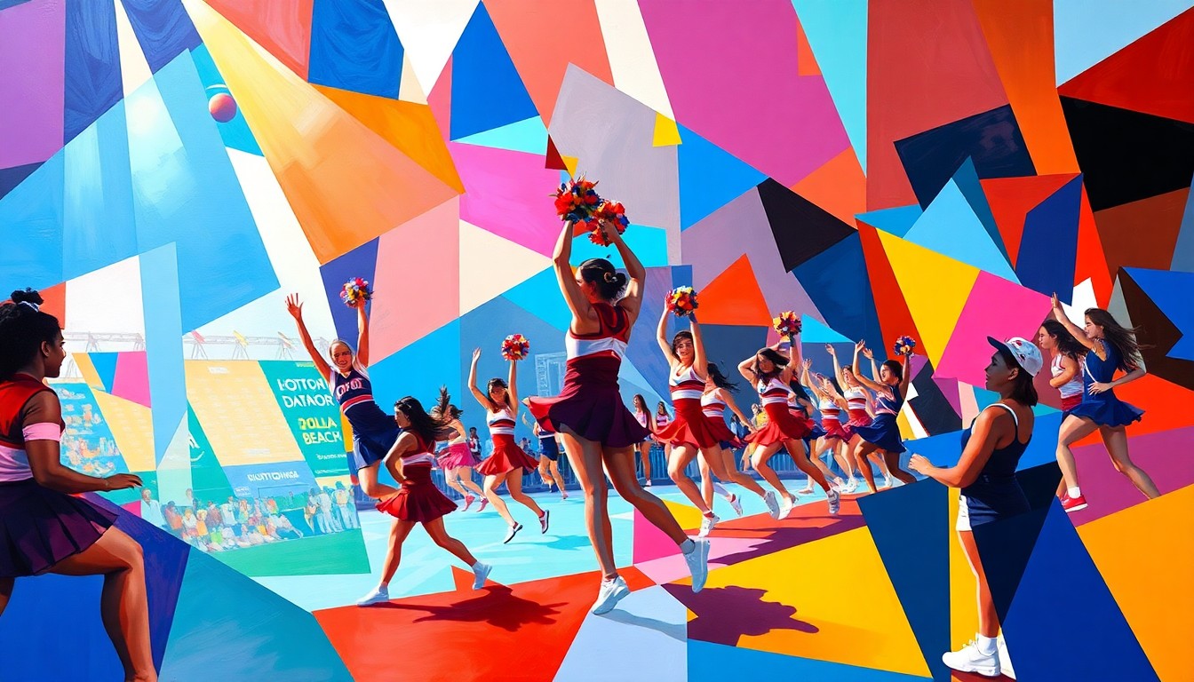 A fragmented, geometric painting in bright colors representing the energy and movement of a cheer and dance competition.