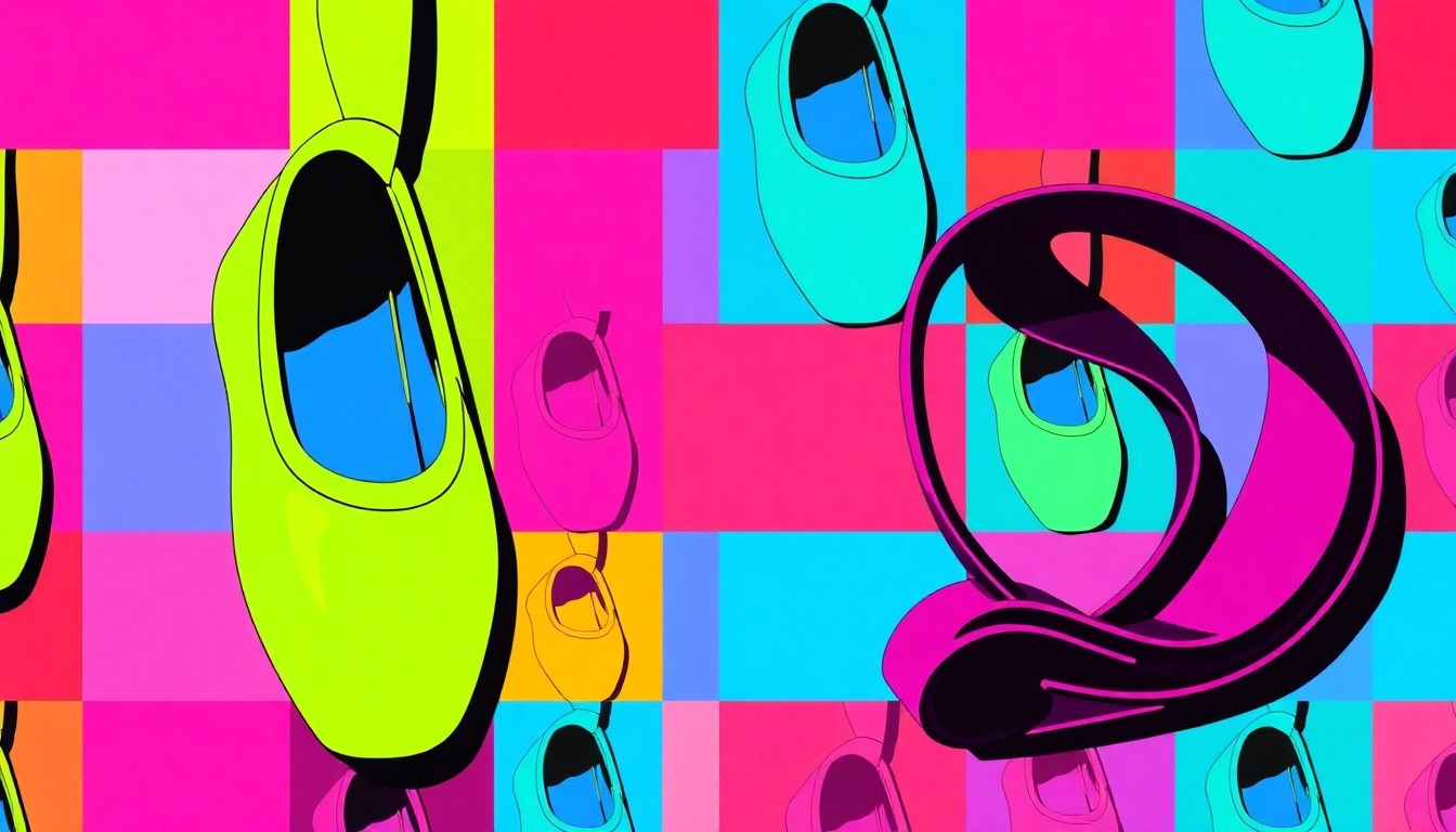 A vibrant, high-contrast silkscreen print featuring a repeating grid of a ballet slipper and a physical therapy resistance band, conceptually representing the balance between the performing arts and specialized healthcare.