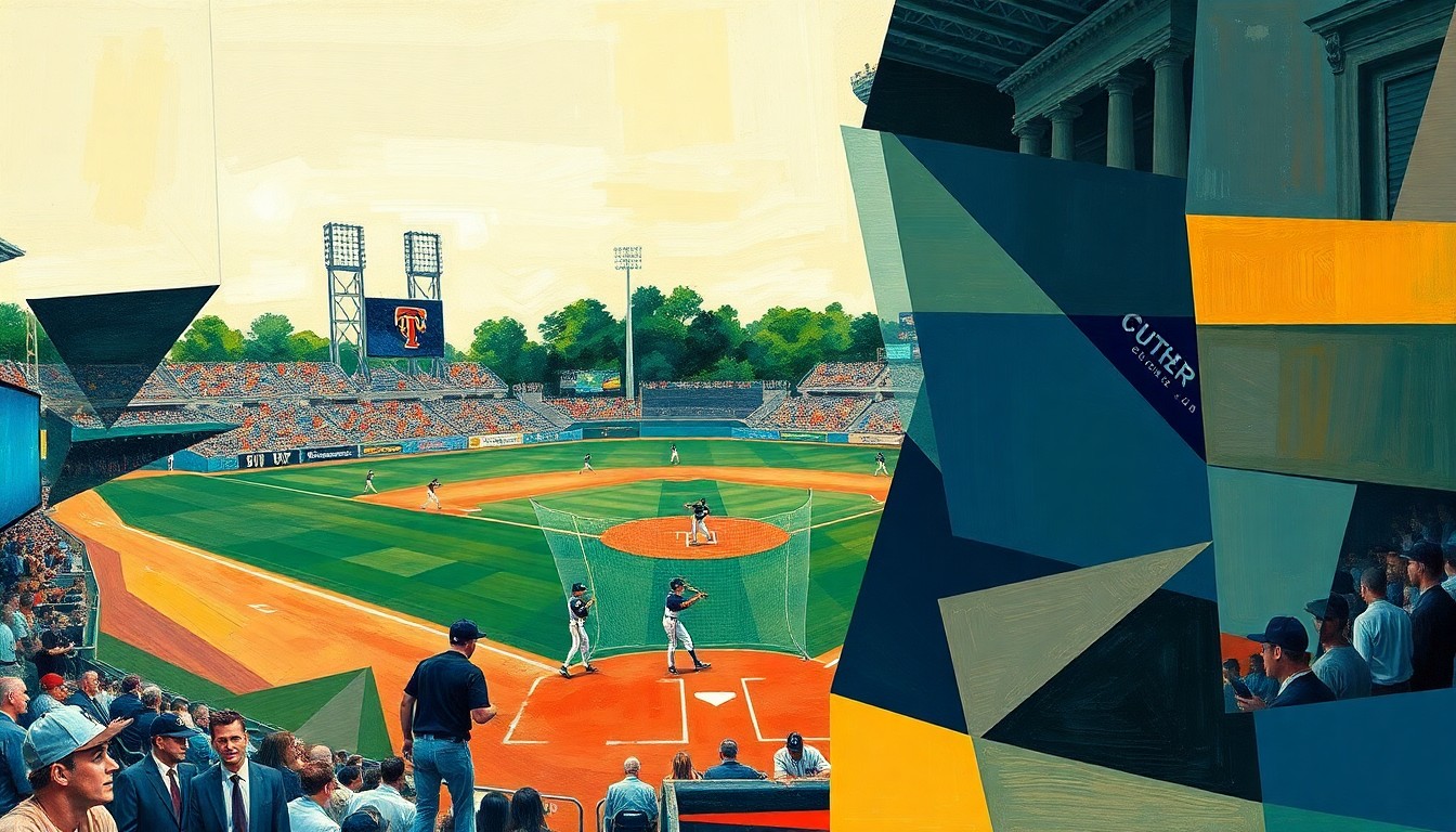 A fragmented, geometric painting depicting a college baseball game, with the players and field reduced to abstract shapes and planes of color in the style of Pablo Picasso.