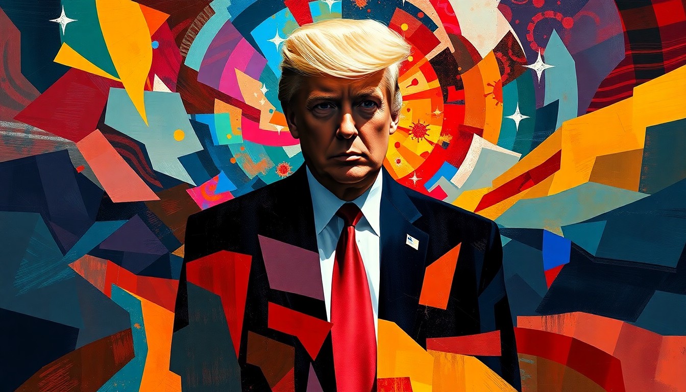 A fractured, abstract painting depicting a shadowy figure surrounded by a swirling vortex of colors and shapes, representing the uncertainty and speculation surrounding the Trump administration's secretive global health deals.