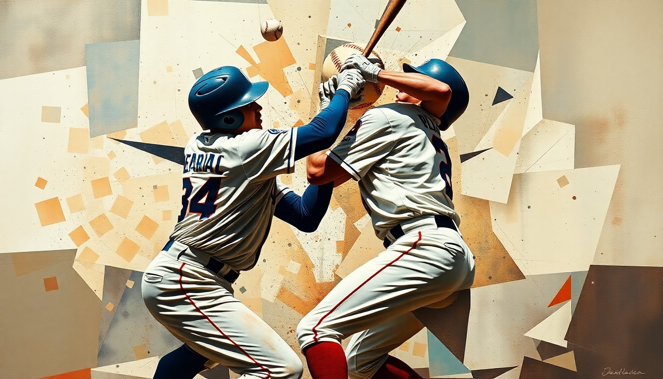 A fragmented, geometric painting depicting the collision between two baseball players, their forms broken down into sharp, overlapping planes of color and shape, conveying the intensity and chaos of the moment.