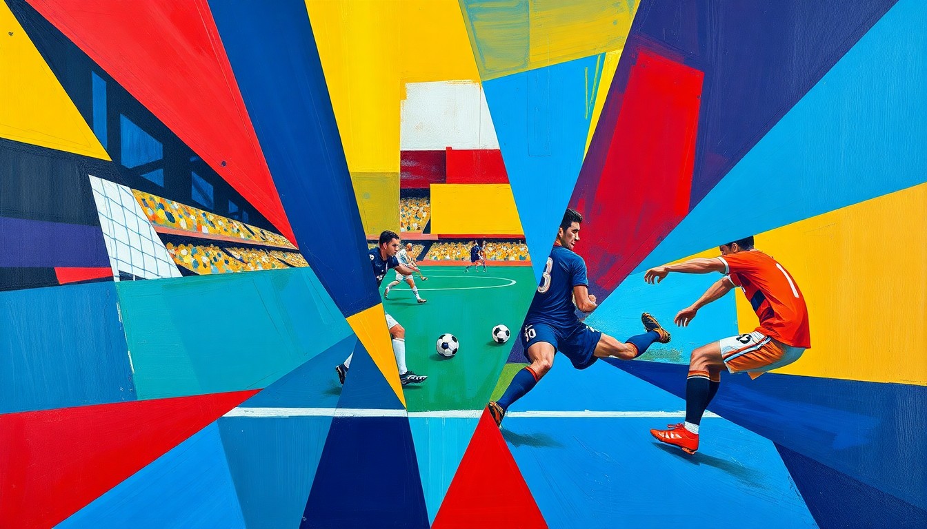 A fragmented, geometric painting depicting a soccer player in motion, with sharp, overlapping planes of color representing the multifaceted nature of the recent controversy.