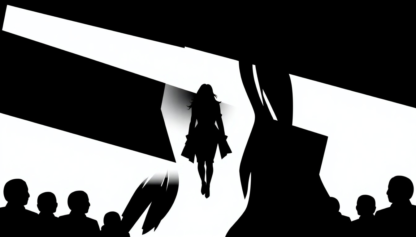 An abstract, minimalist illustration featuring sharp, angular black shapes and silhouettes, conceptually representing the failure of the Melania Trump documentary in the UK.