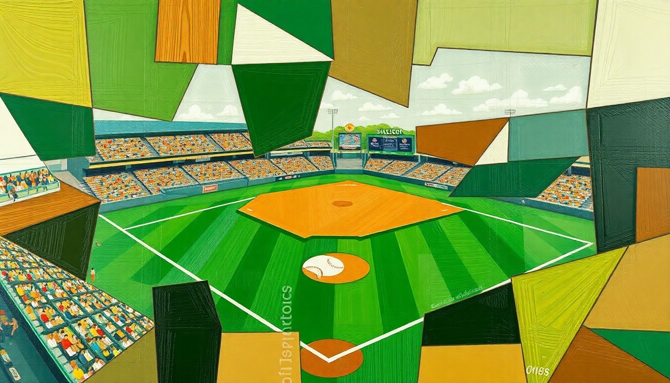 A fragmented, geometric painting depicting a high school baseball game, with sharp planes of green, brown, and white representing the field, players, and equipment.