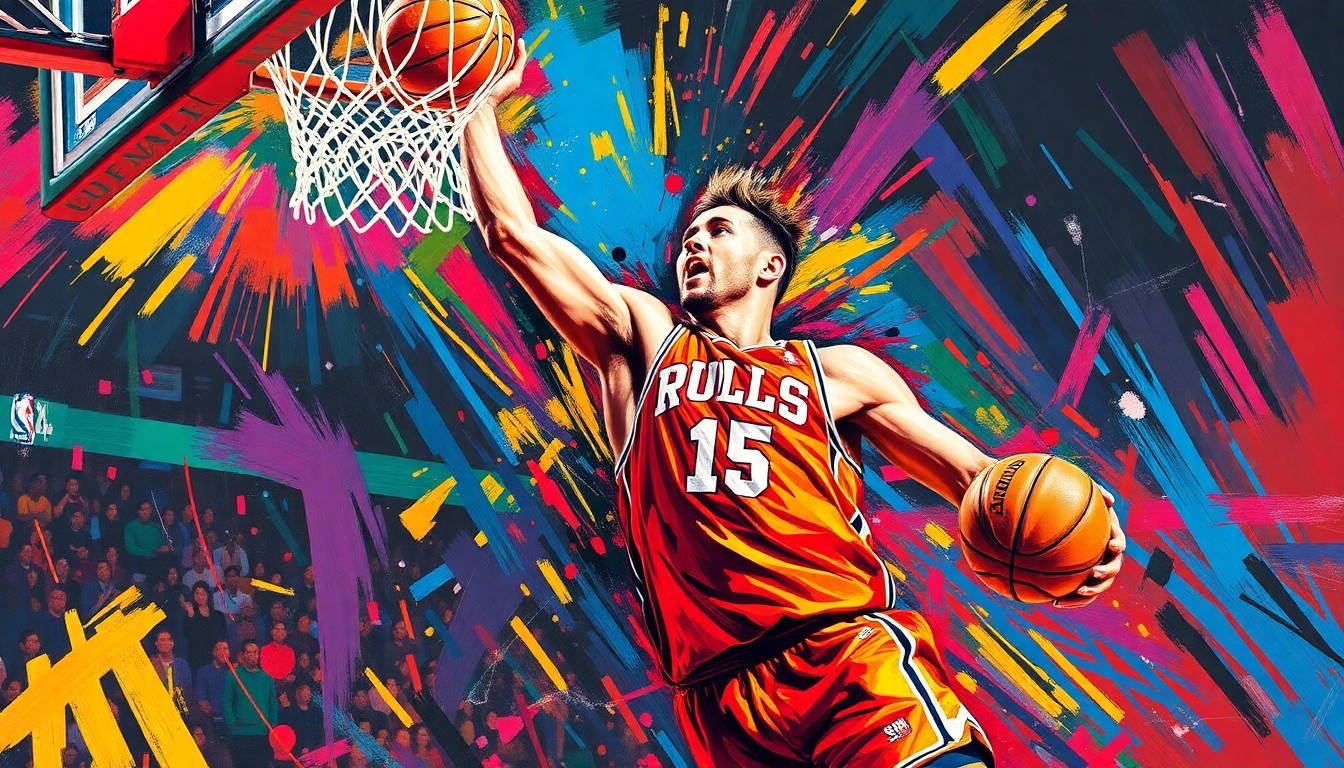A dynamic, neon-colored painting depicting a basketball player in mid-jump shot, with bold, expressive brushstrokes capturing the energy and intensity of the game.