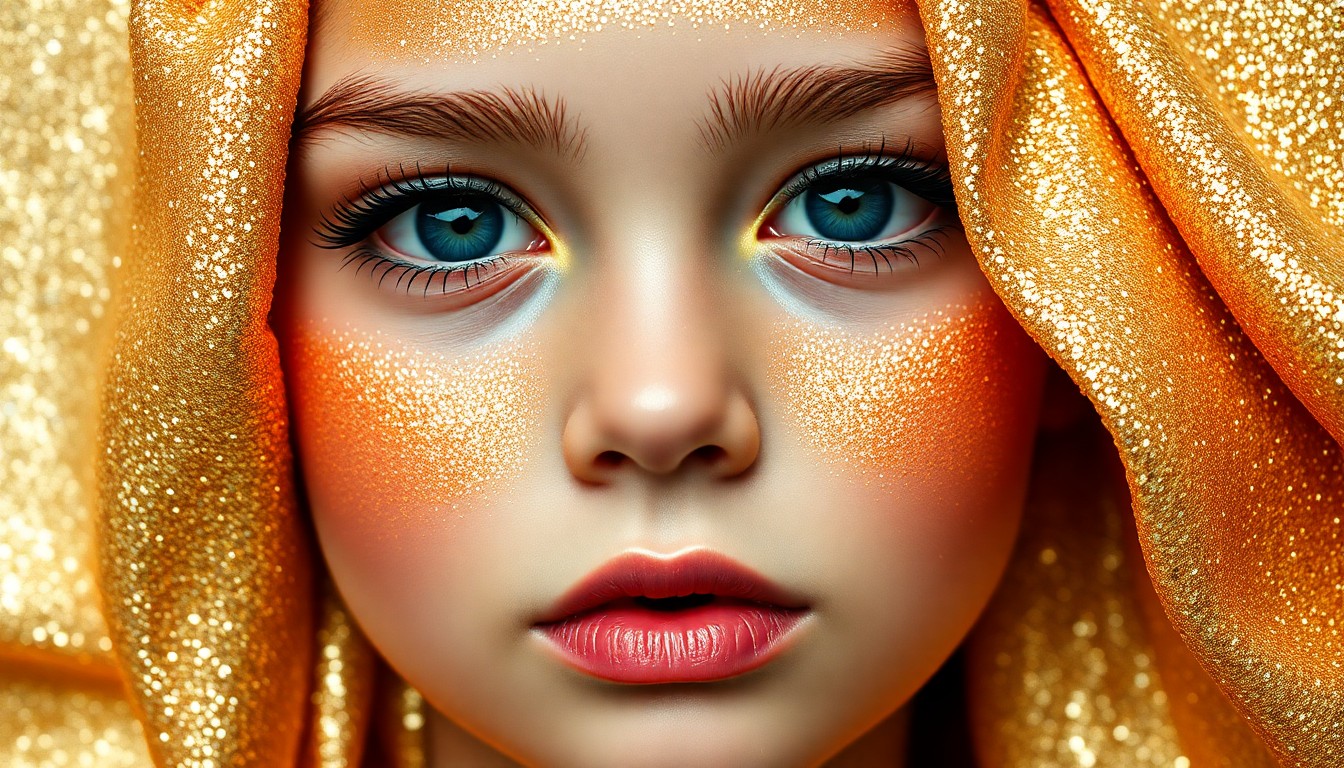 An extreme close-up of shimmering, high-contrast makeup textures in dramatic studio lighting, conceptually representing the luxury and artifice of the beauty industry's influence on children.