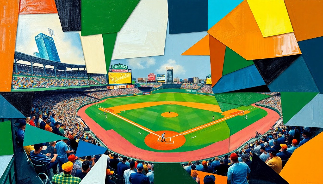 A cubist, geometric painting depicting a baseball game or match, with the players and field broken down into sharp, overlapping planes of color representing the team uniforms.