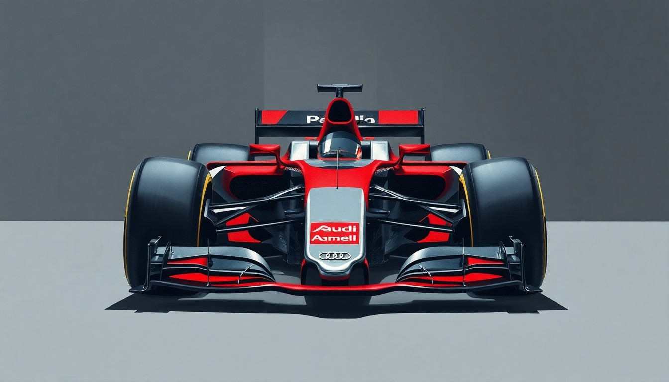 A fractured, cubist-style painting depicting an Audi Formula 1 car broken down into sharp, overlapping geometric shapes in shades of grey, silver, and red, conveying the technical complexities and struggles the team has faced in its debut season.