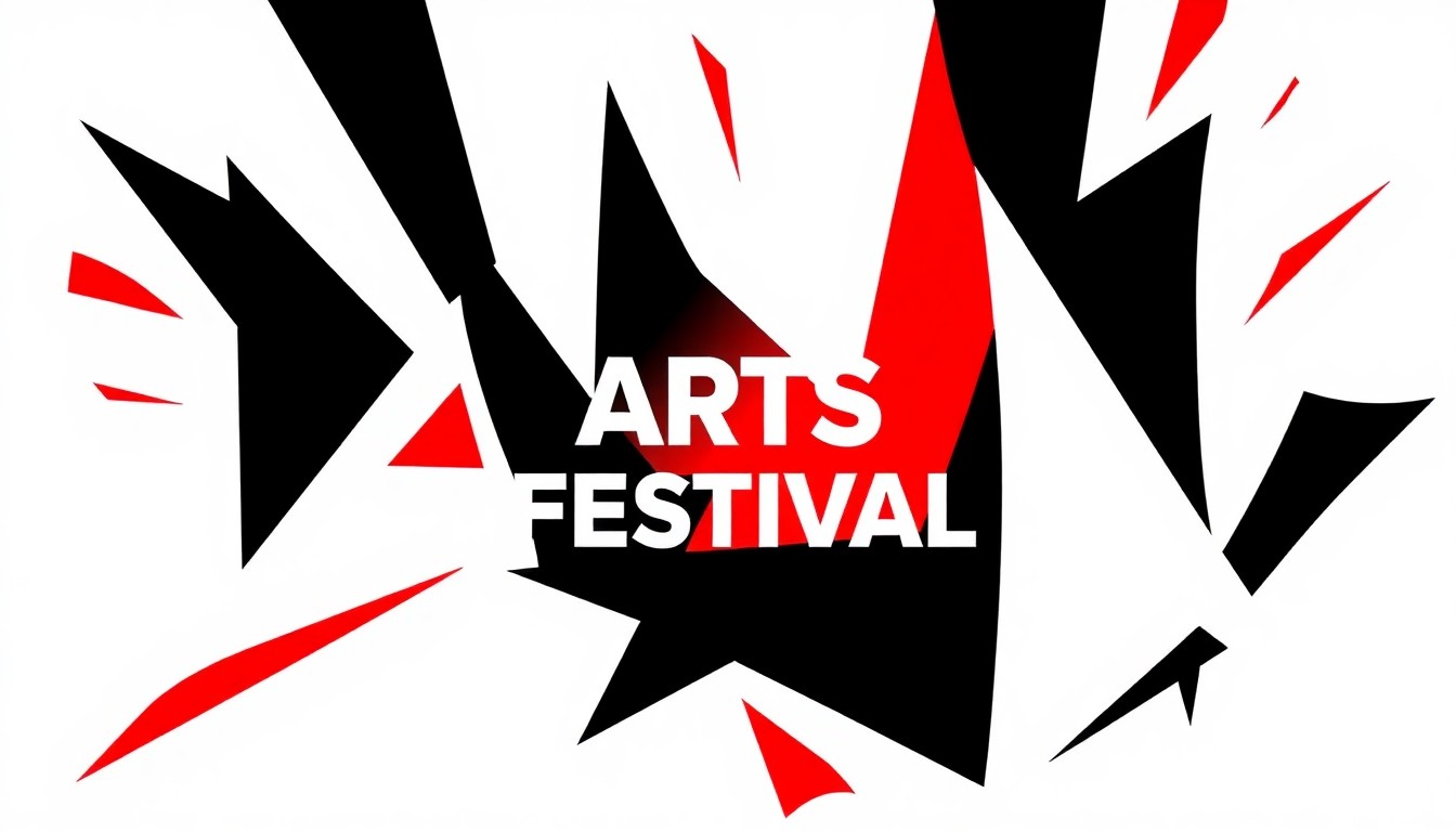 An abstract illustration featuring bold, geometric shapes in black, white, and red, conveying the energy and creativity of an arts festival.