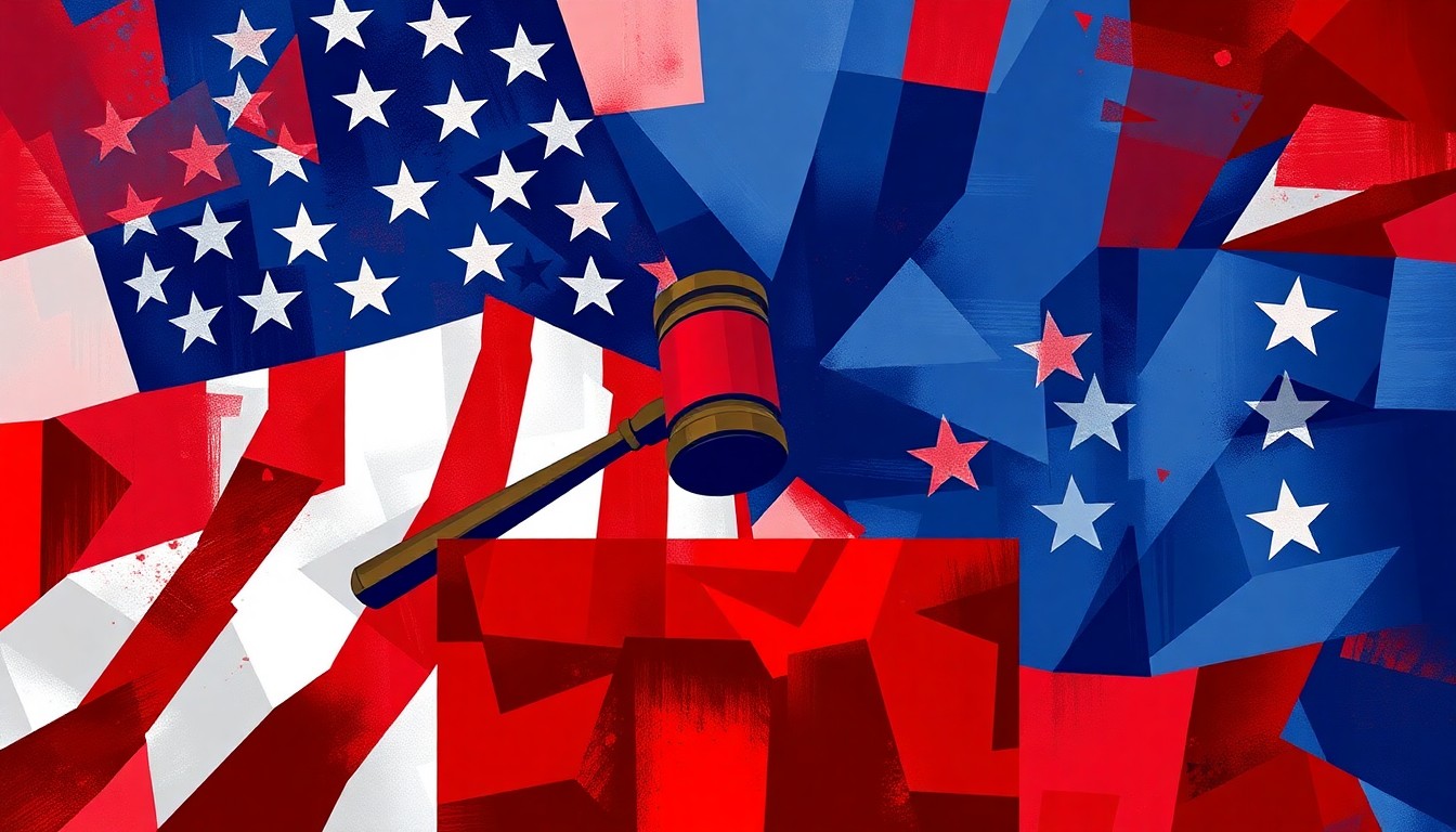 A dynamic, fragmented painting in shades of red, white, and blue depicting political symbols like a gavel and podium, conveying the chaotic and divisive nature of the event.