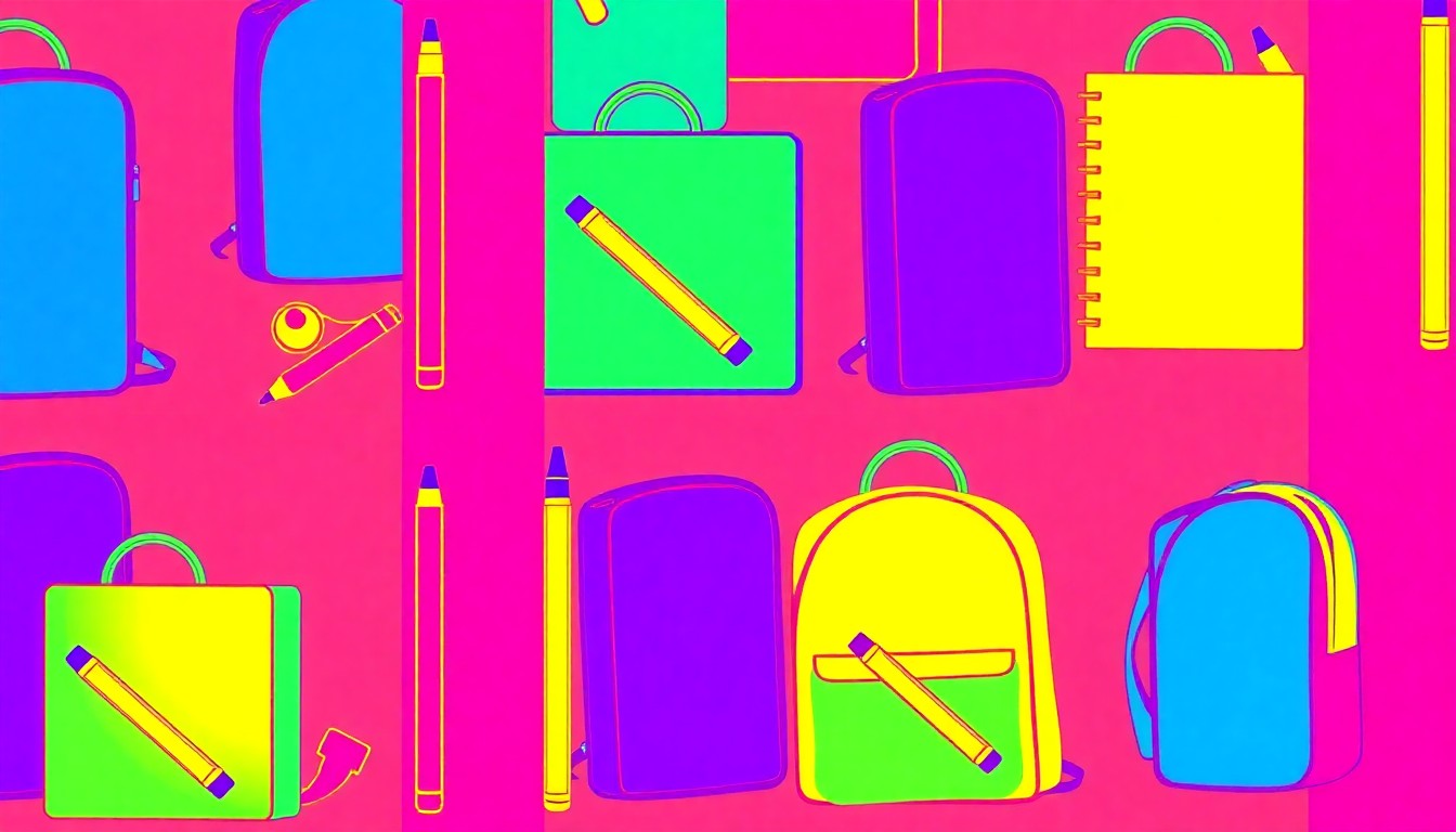 A high-contrast, silkscreen-style illustration of a school supply item such as a pencil or notebook, repeated in a grid pattern with vibrant neon colors and heavy black outlines, conceptually representing the complex issues surrounding the return to in-person learning.