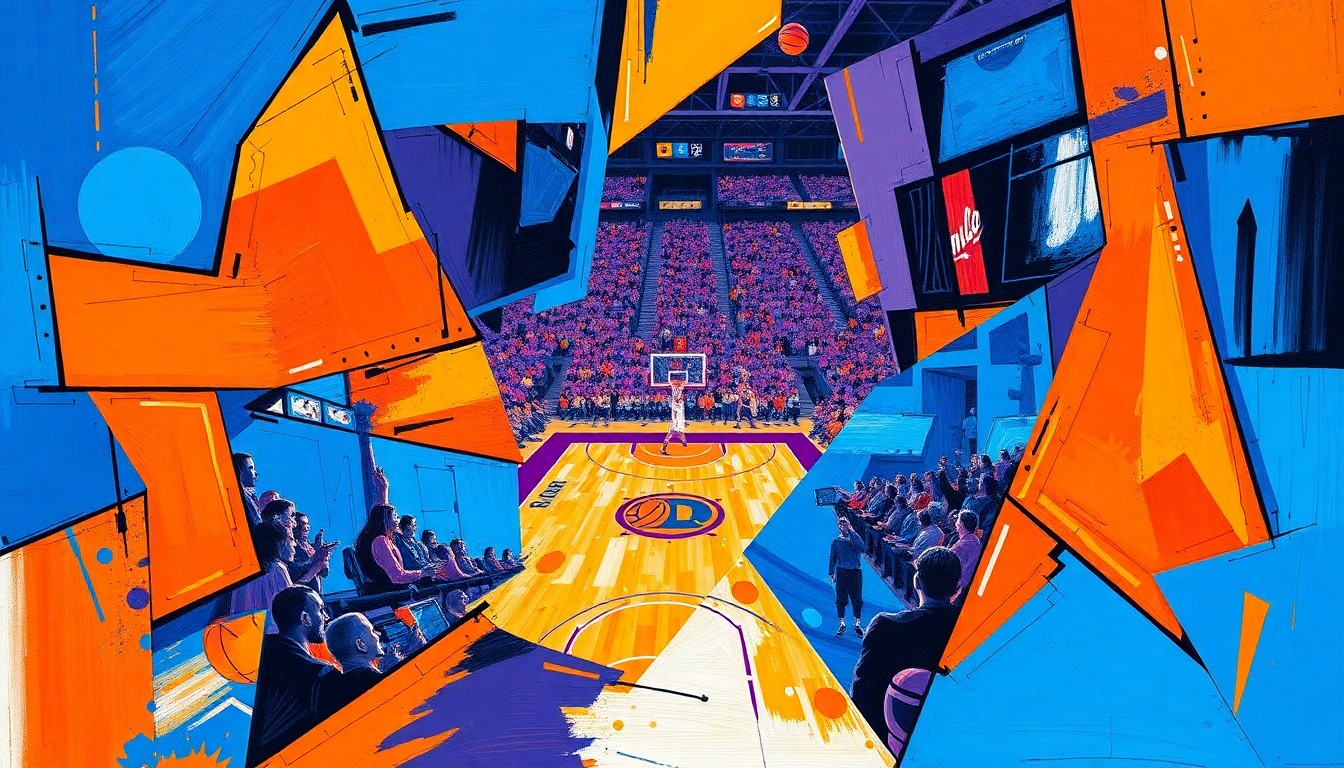 A fragmented, geometric painting in bold, vibrant colors depicting the action and energy of a WNBA game or competition, conveying the league's ongoing transformation and the challenges it faces.